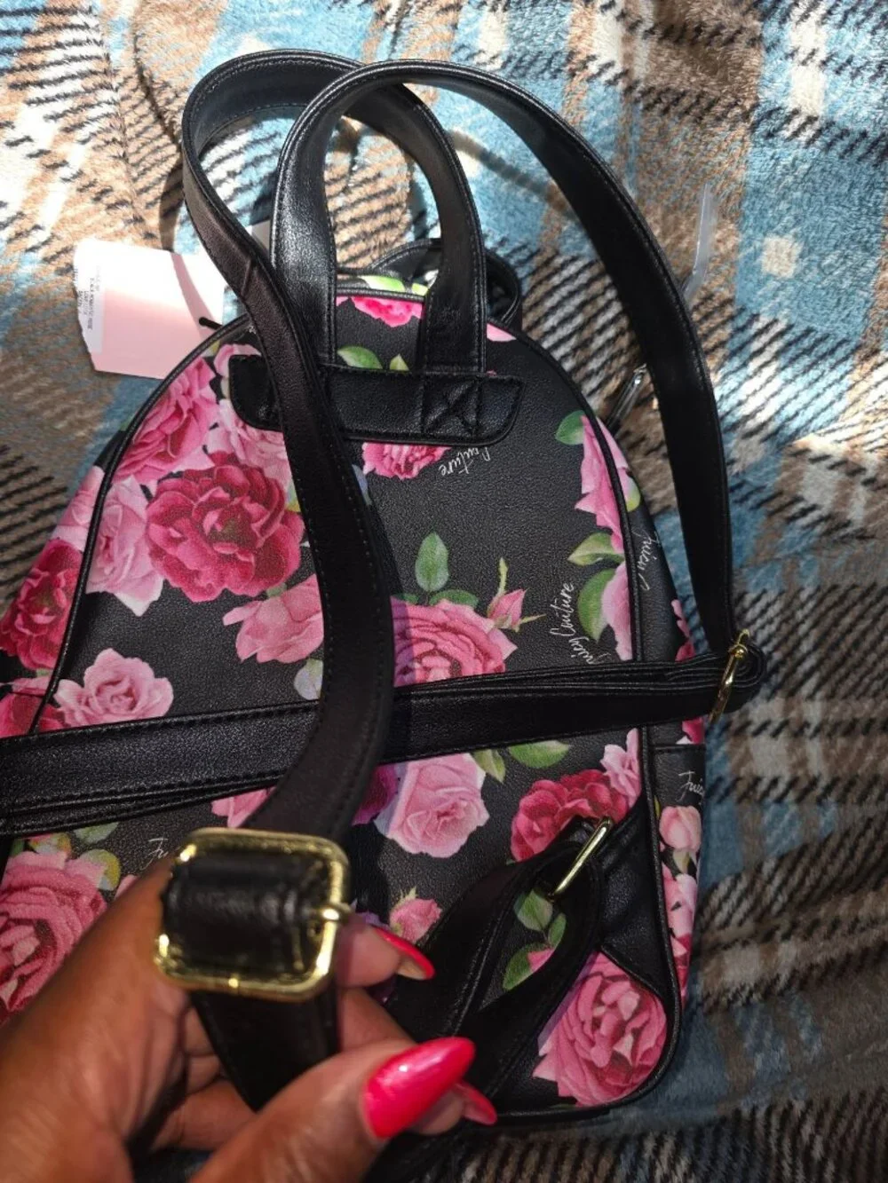 Juicy Couture Black & Pink Floral Mini Backpack With Adjustable Straps & Gold Ch